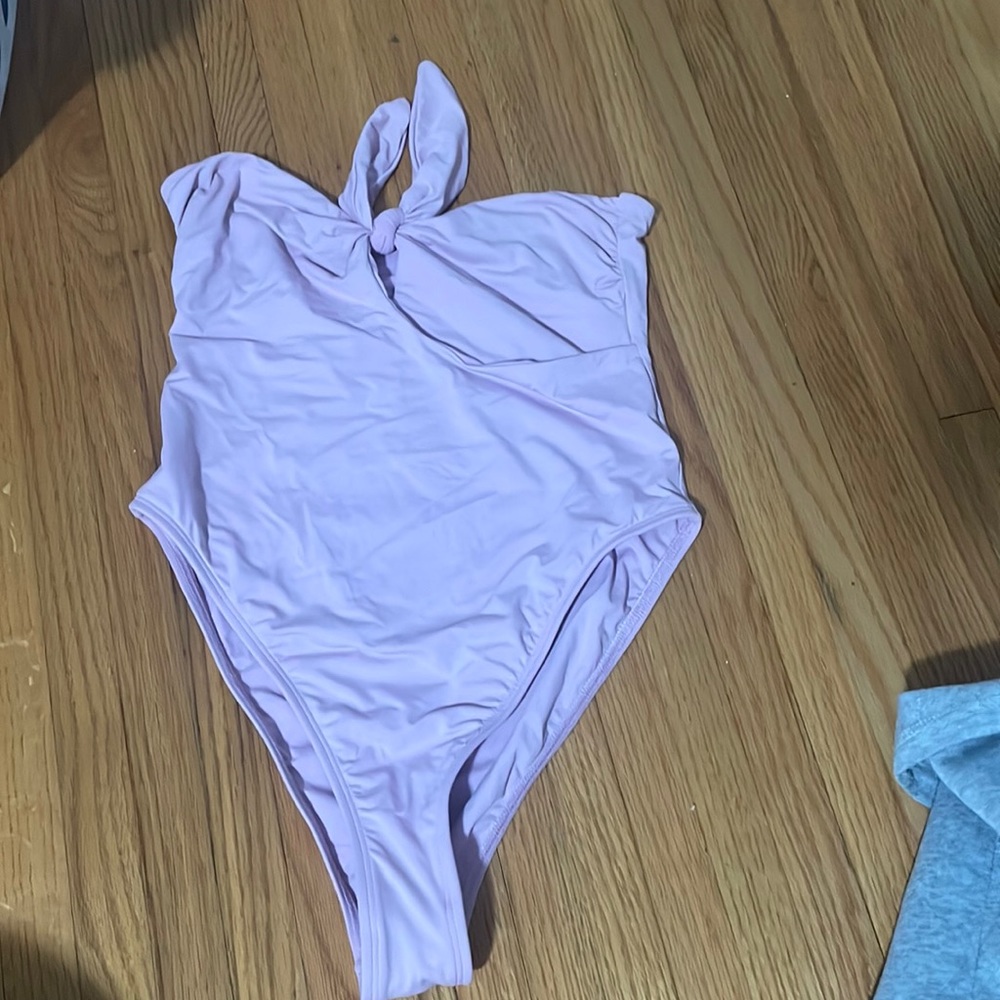 Purple strapless one piece bathing suit